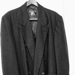 Double-breasted charcoal grey plaid wool topcoat